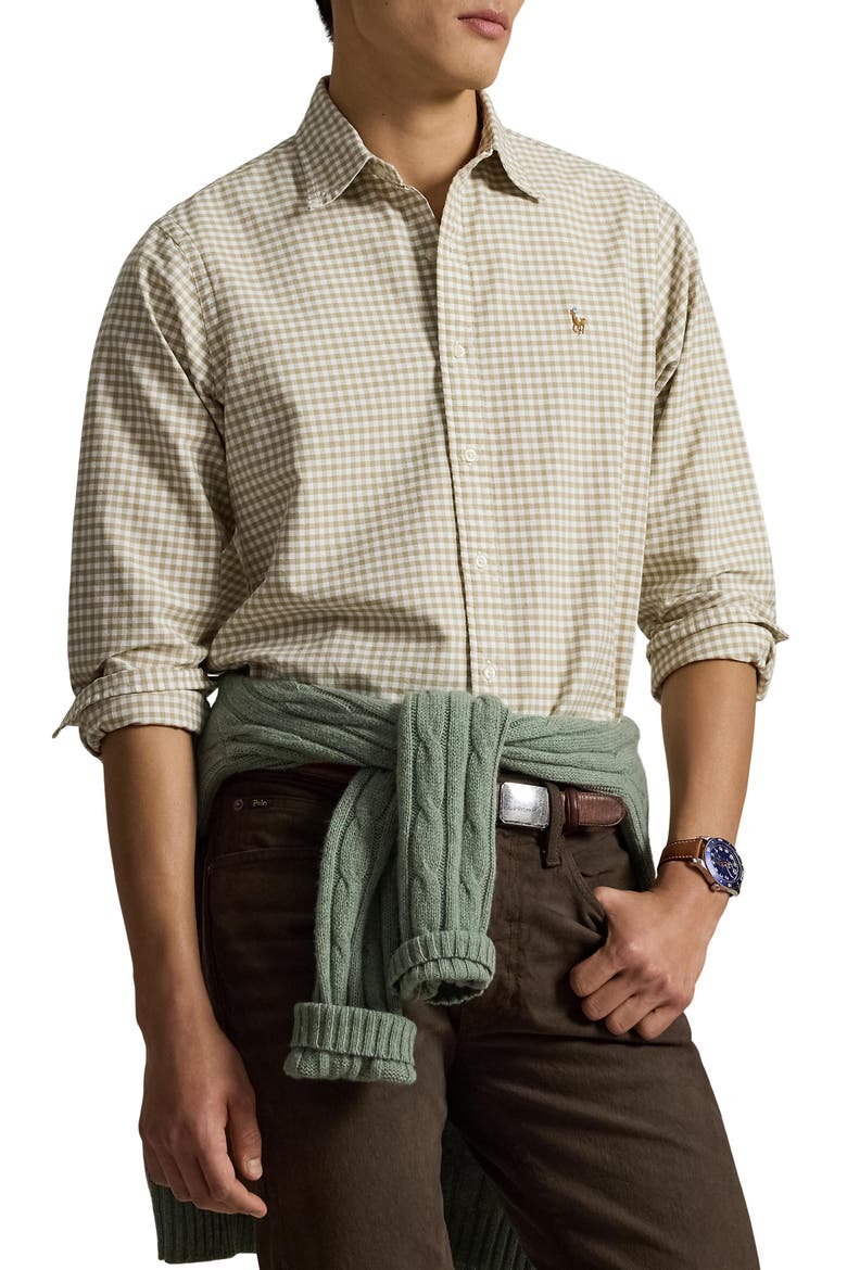 Classic Fit Gingham Cotton Button-Down Oxford Shirt, Main, color, COASTAL BEIGE/ WHITE