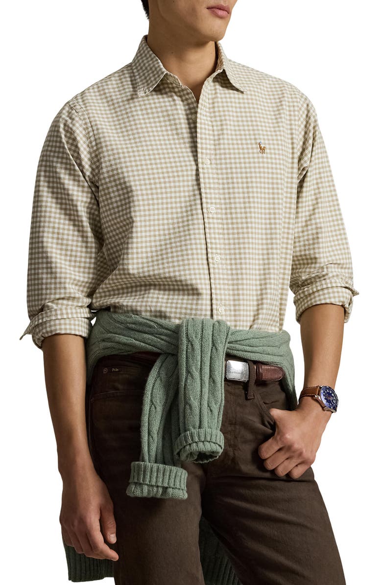 Polo Ralph Lauren Classic Fit Gingham Cotton Button-Down Oxford Shirt, Main, color, Coastal Beige/ White