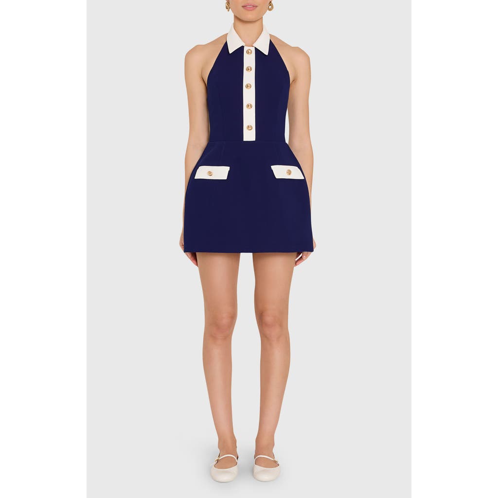 Amanda Uprichard Archer Halter Romper in Navy Ivory at Nordstrom, Size Large