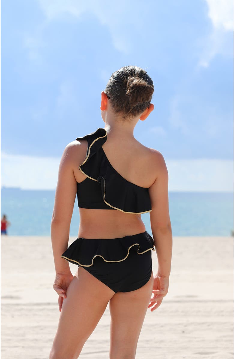 NESSI BYRD One Shoulder Cut-Out Hand-Knitted Rose Detail One Piece Swimsuit, Little Kid-Big Kid, Alternate, color, Black