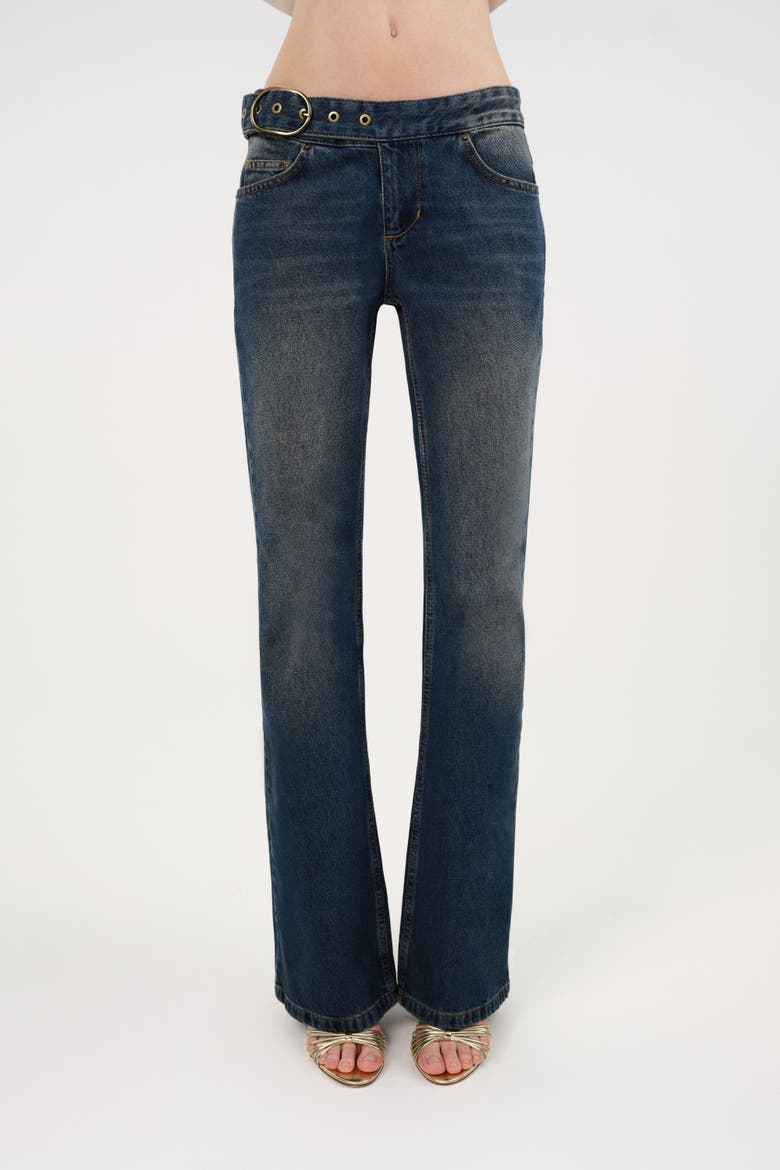 Belted Denim Flare Trousers, Main, color, Indigo