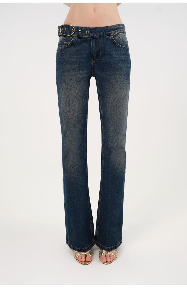 Nocturne Belted Denim Flare Trousers, Main, color, Indigo