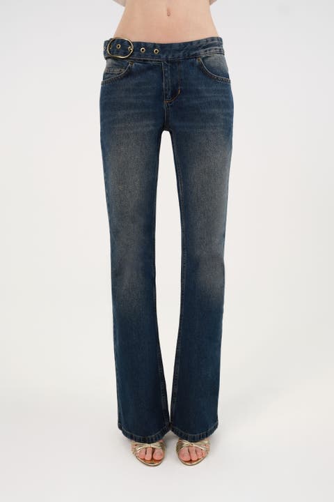 Belted Denim Flare Trousers