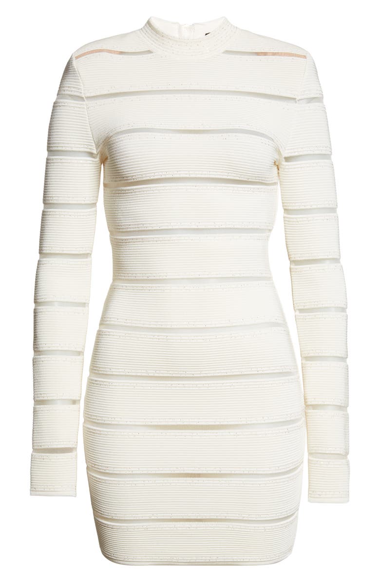 Balmain Illusion Stripe Long Sleeve Rib Glitter Knit Body-Con Minidress, Main, color, Gdk Natural/ Gd