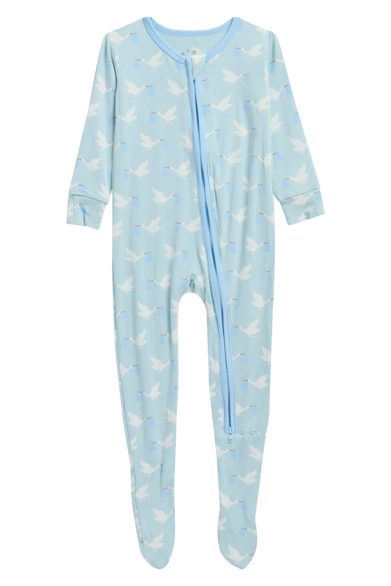 Spring Sky Print Two-Way Zip Footie, Main, color, SPRING SKY STORK