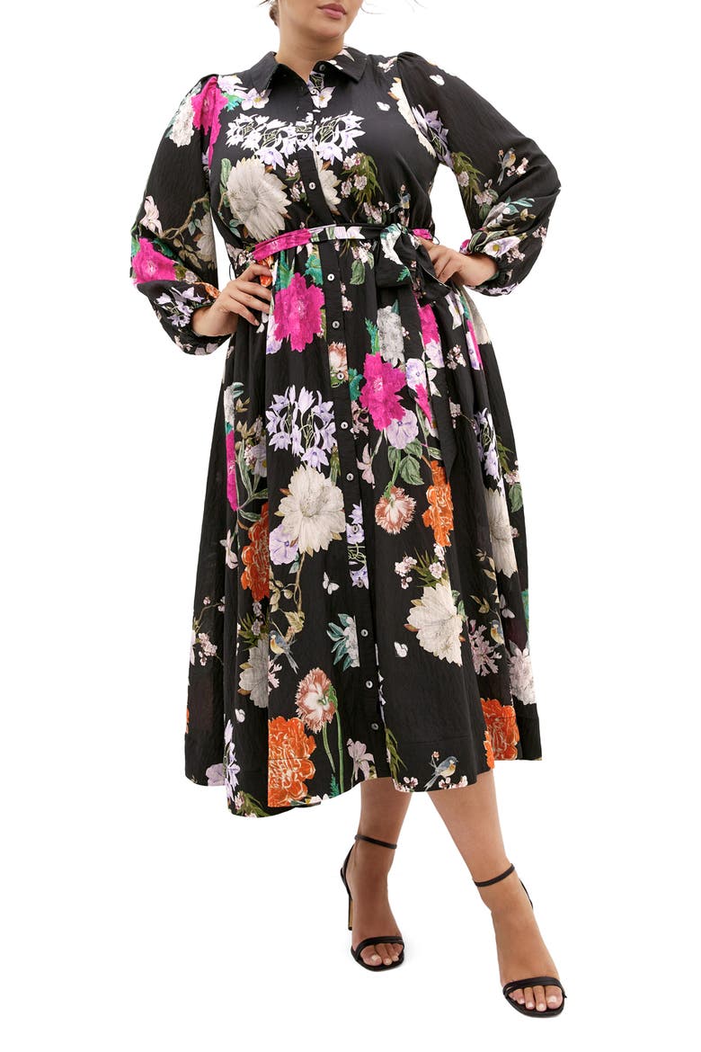 Mary Long Sleeve Floral Print Shirtdress, Main, color, BLK BOTANIQUE