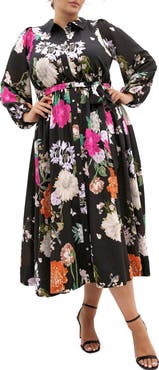 City Chic Mary Long Sleeve Floral Print Shirtdress