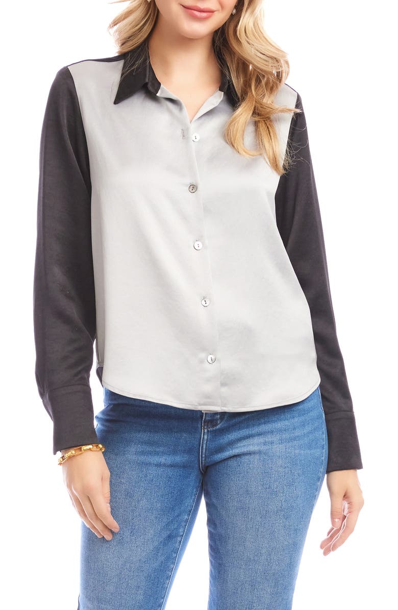 Karen Kane Colorblock Satin Button-Up Shirt, Main, color, Silver/ Black