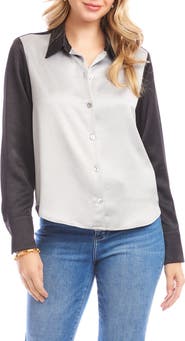 Karen Kane Colorblock Satin Button-Up Shirt