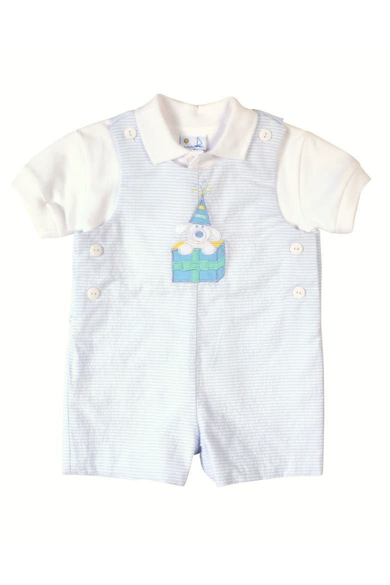 Seersucker Shortall With Present Puppy, Alternate, color, Lt Blue/White