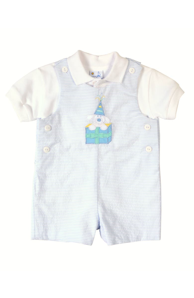 Florence Eiseman Seersucker Shortall With Present Puppy, Alternate, color, Lt Blue/White