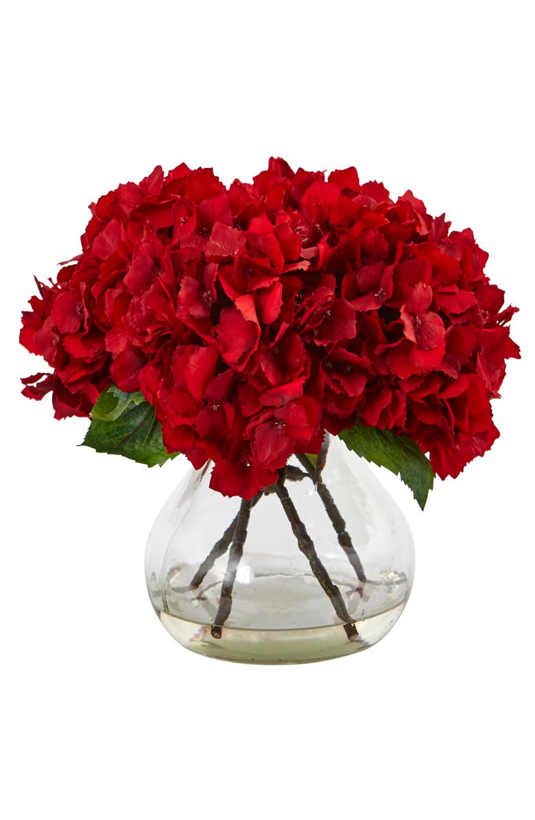 NEARLY NATURAL 8.5-in Red Hydrangea Silk Flower Arrangement with Glass Vase, Main, color, Red