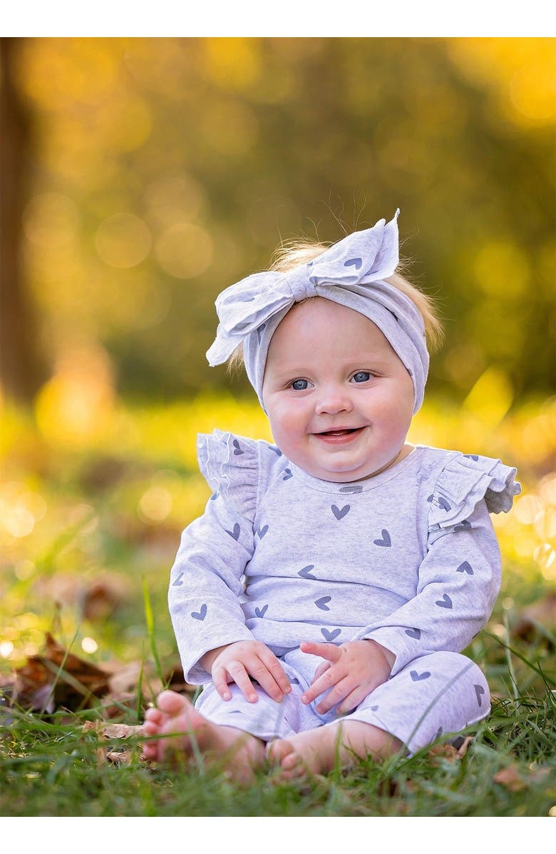 Mabel + Honey Mabel and Honey Heartfelt Romper, Grey Scattered-Heart Ruffled-Shoulder Baby Girl Romper, Long Sleeve., Alternate, color, Grey