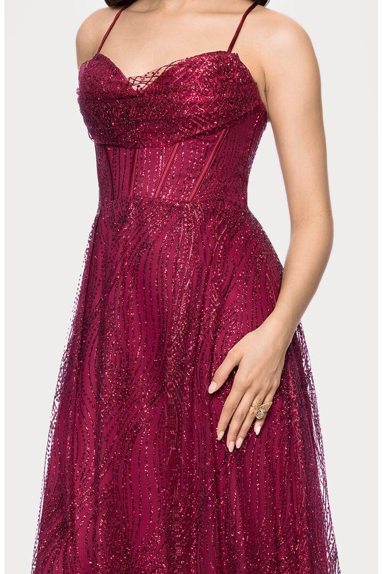 Glitter Drape Lace-Up Gown, Alternate, color, WINE