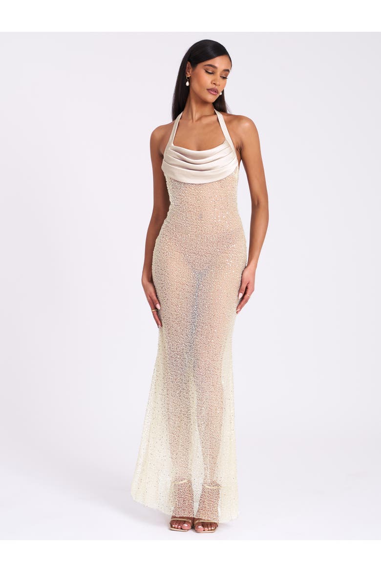 Zahya Halter Backless Beaded Mesh Gown, Alternate, color, Lime Green