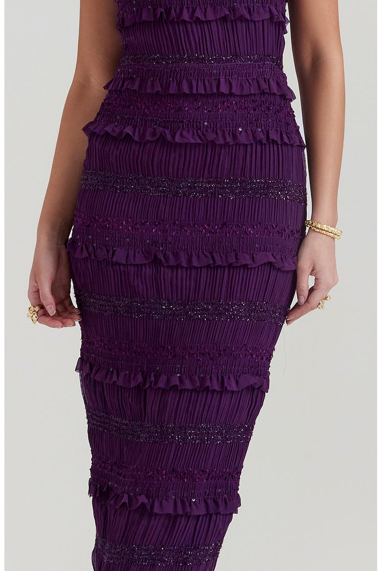 Solana Pleated Ruffle Sequin Body-Con Dress, Alternate, color, DARK PURPLE