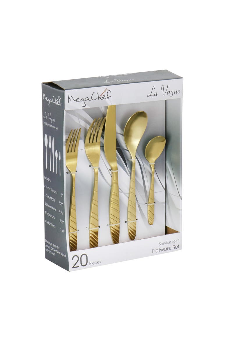 La Vague 20 Piece Flatware Utensil Set, Stainless Steel Silverware Metal Service for 4, Main, color, Matte Gold