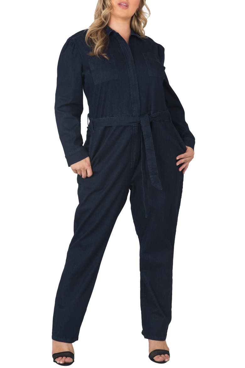 Janeen Belted Denim Boilersuit, Main, color, DARK HAND SAND WASH