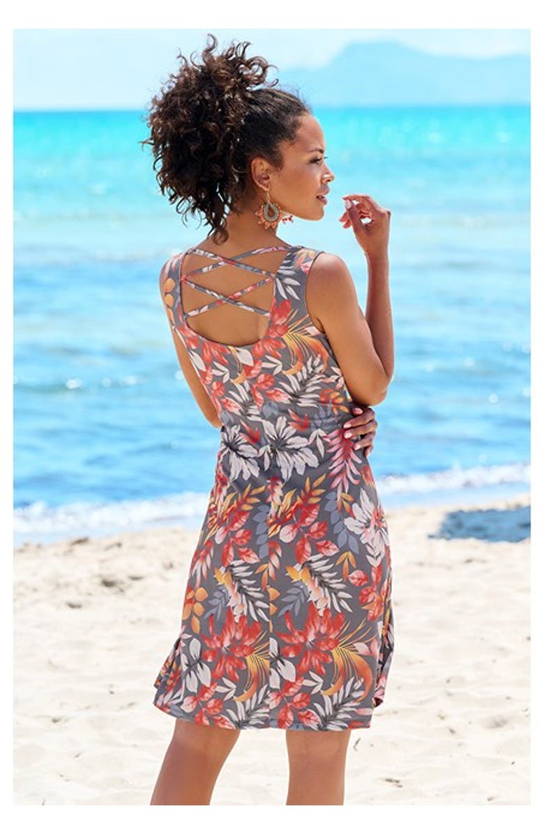 LASCANA Women's Strappy Back Print Dress, Alternate, color, Grey Printed