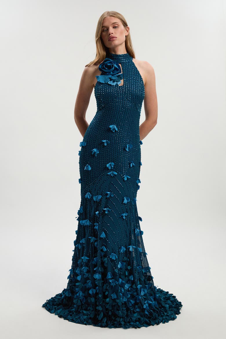 Petite Woven Maxi Rosette Dress, Main, color, Teal