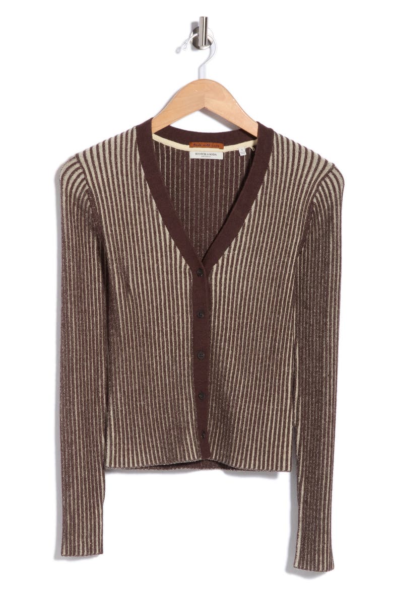 Ribbed V Neck Cardigan, Main, color, SEAL BROWN REED YELLOW