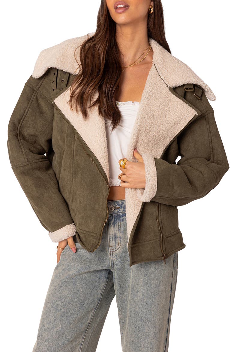 Oversize Faux Shearling & Faux Suede Jacket, Main, color, OLIVE