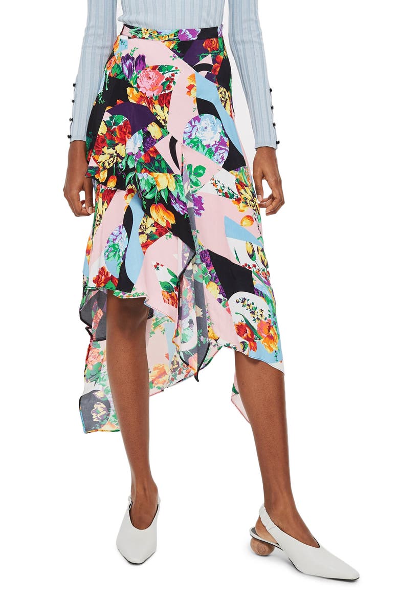 Spliced Floral Print Midi Skirt, Main, color, PINK MULTI