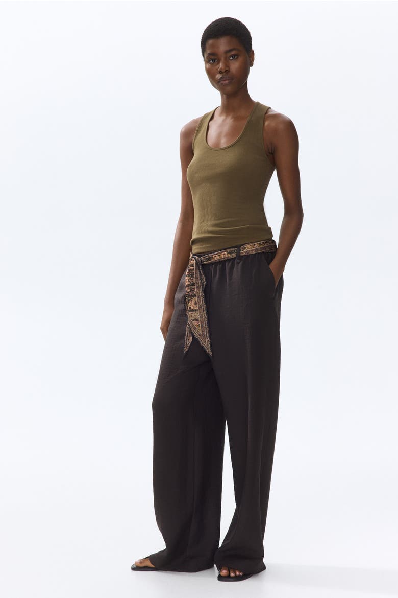 Scarf-detail Linen-blend Trousers, Alternate, color, Dark brown