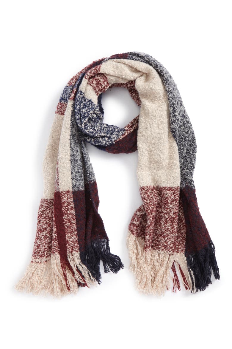 Bouclé Plaid Oblong Scarf, Main, color, IVORY/ BURGUNDY