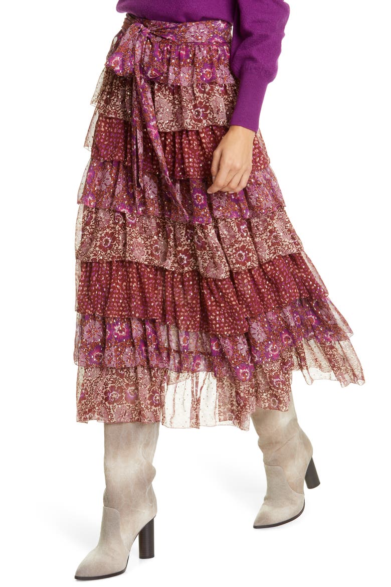 Fayanna Metallic Tiered Silk Skirt, Alternate, color, CLARET PATCHWORK