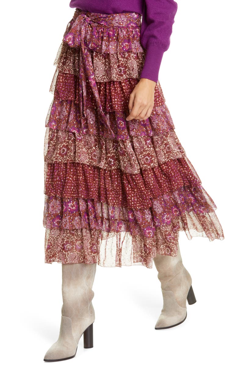 Ulla Johnson Fayanna Metallic Tiered Silk Skirt, Alternate, color, 