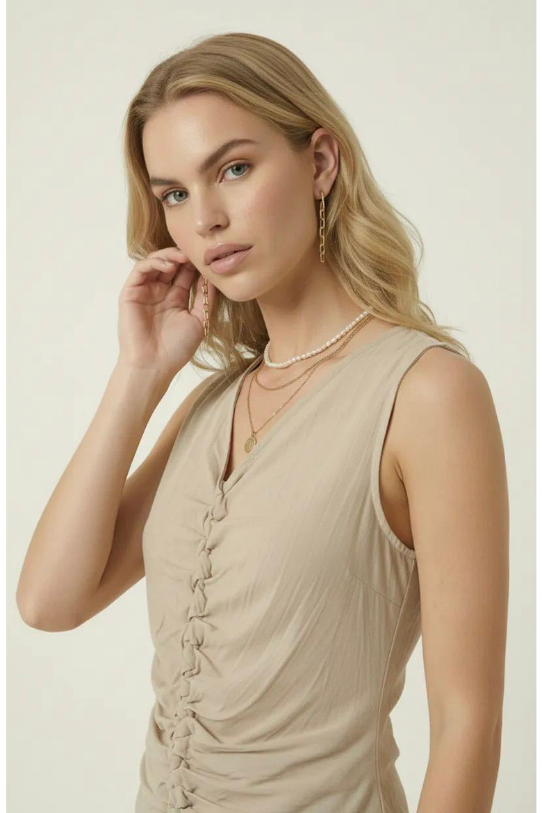 Ruched V Neck Top with Sleeveless Cut and Pointed Hem, Alternate, color, Beige