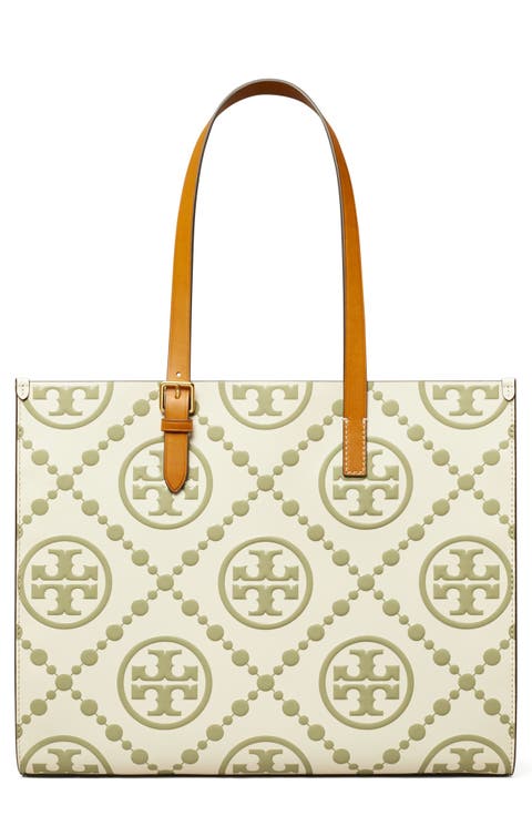 T Monogram Contrast Embossed Leather Tote