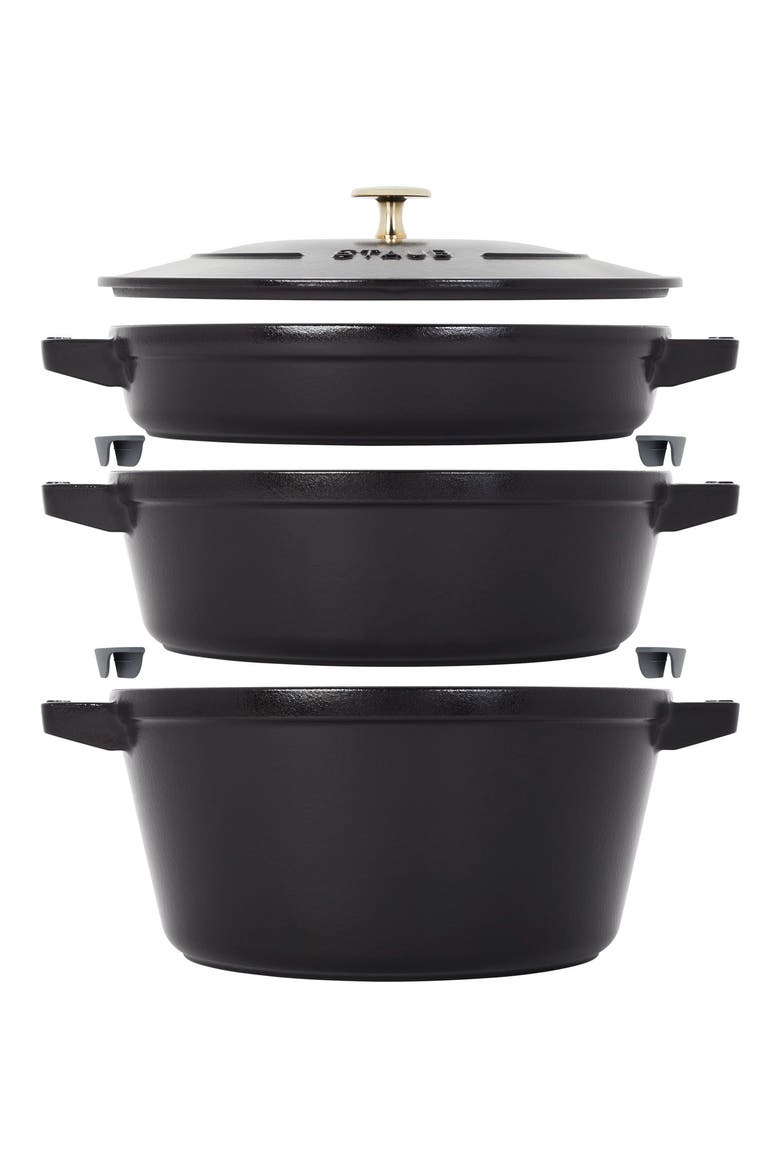 4-Piece Stackable Enameled Cast Iron Cookware Set, Main, color, BLACK