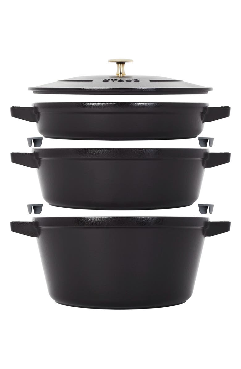 Staub 4-Piece Stackable Enameled Cast Iron Cookware Set, Main, color, Black