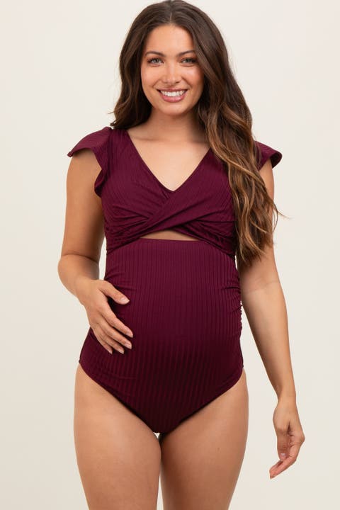 Ribbed Ruched Cutout Flutter One Piece Maternity Swimsuit