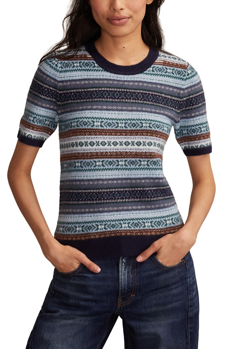 Lucky Brand Fair Isle Short Sleeve Sweater, Main, color, Flint Stone