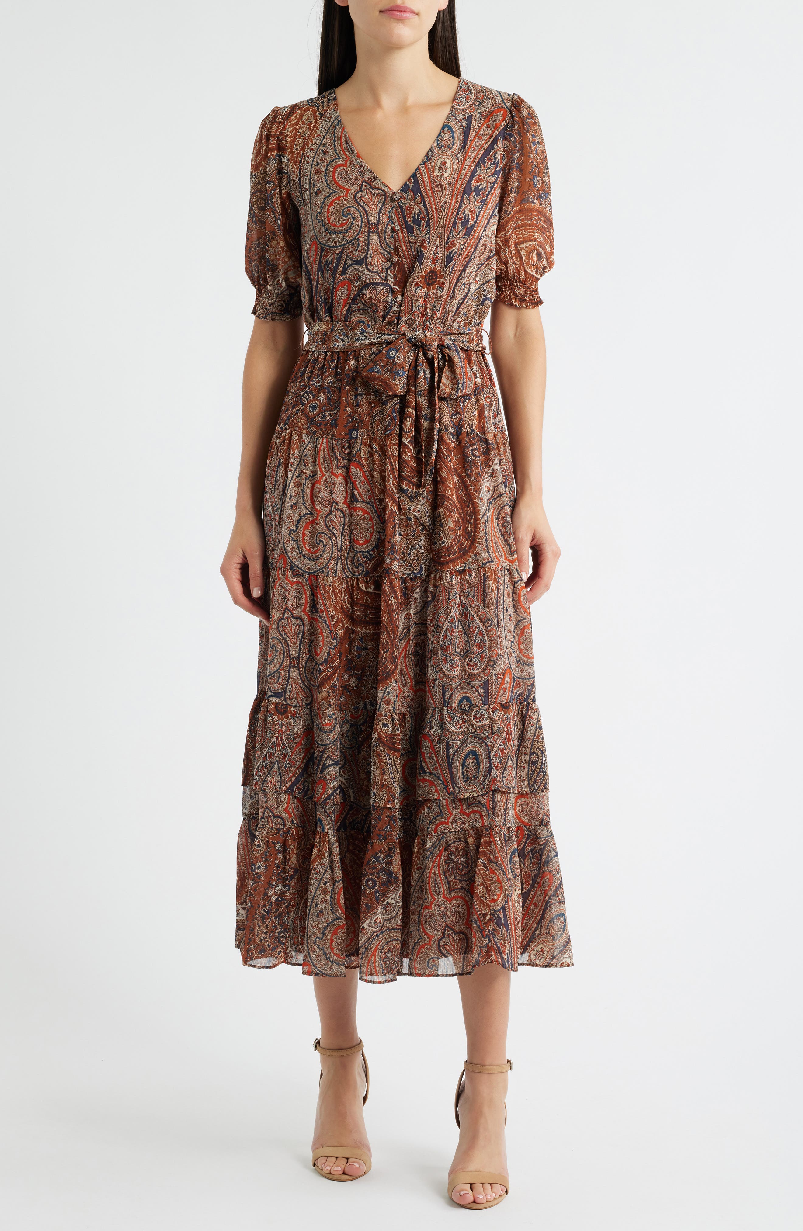 Lauren Ralph Lauren Paisley Belted Crinkle Georgette Midi Dress