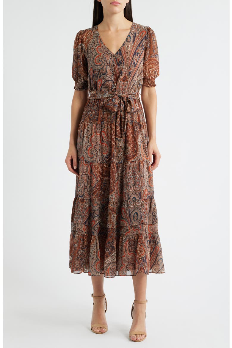 Paisley Belted Crinkle Georgette Midi Dress, Main, color, CREAM MULTI