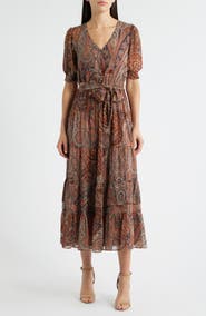 Lauren Ralph Lauren Paisley Belted Crinkle Georgette Midi Dress