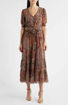 Lauren Ralph Lauren Paisley Belted Crinkle Georgette Midi Dress