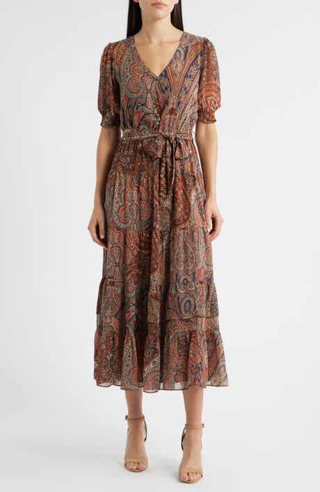 Lauren Ralph Lauren Paisley Belted Crinkle Georgette Midi Dress