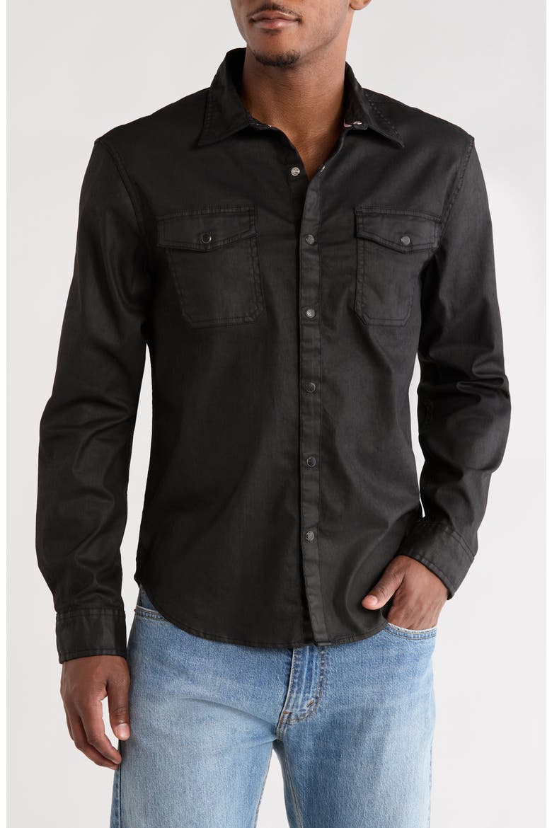 Otto Coated Stretch Cotton Snap-Up Western Shirt, Main, color, BLACK