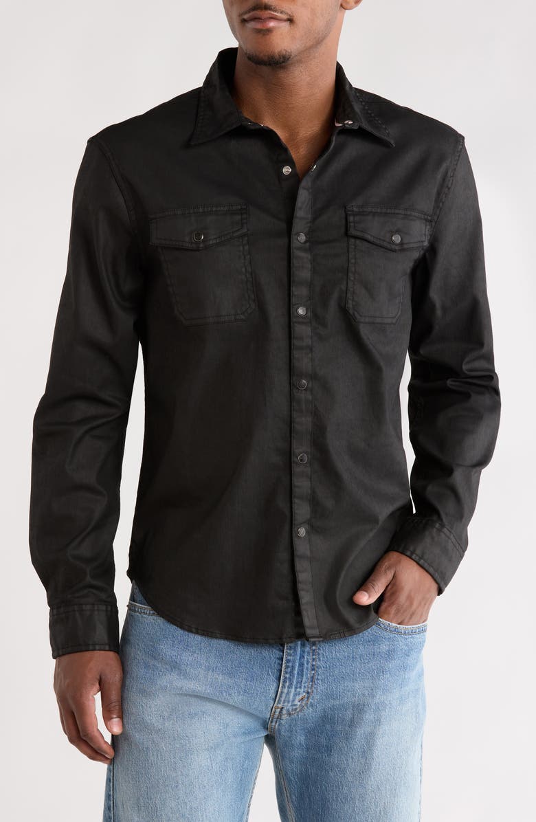 John Varvatos Otto Coated Stretch Cotton Snap-Up Western Shirt, Main, color, Black