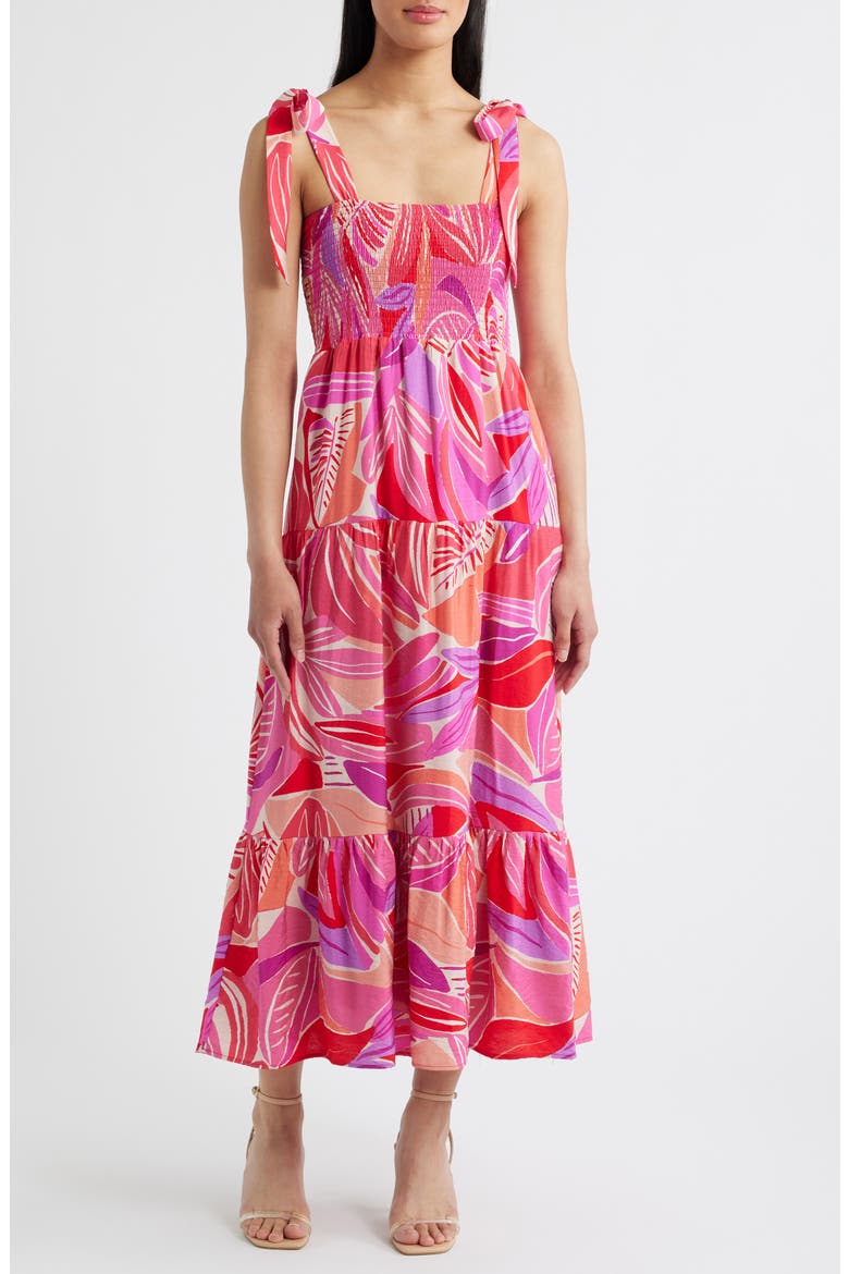 Henri Palm Royal Smocked Maxi Sundress, Main, color, FUCHSIA MULTI