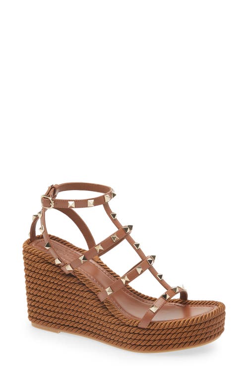 Valentino Rockstud Torchon 105 Leather Espadrille Wedge Sandals In Tobacco