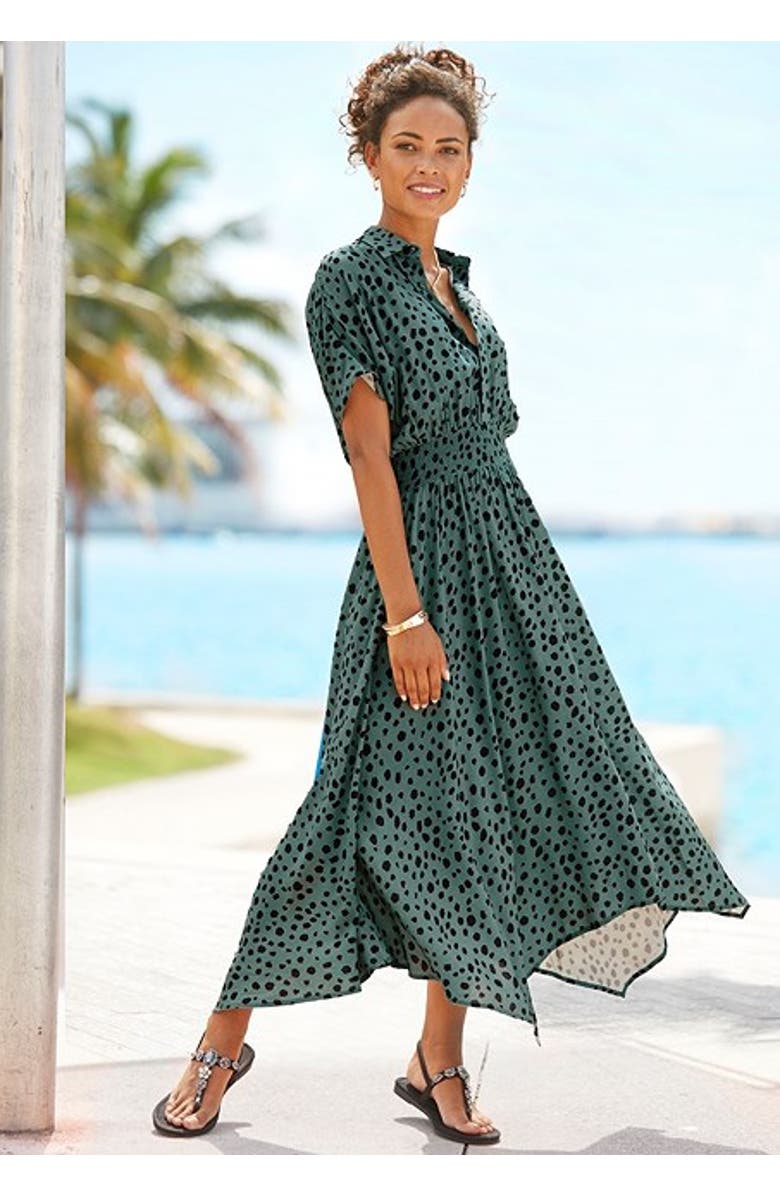 LASCANA Women's Printed Shirt Collar Dress, Alternate, color, Jade & Black