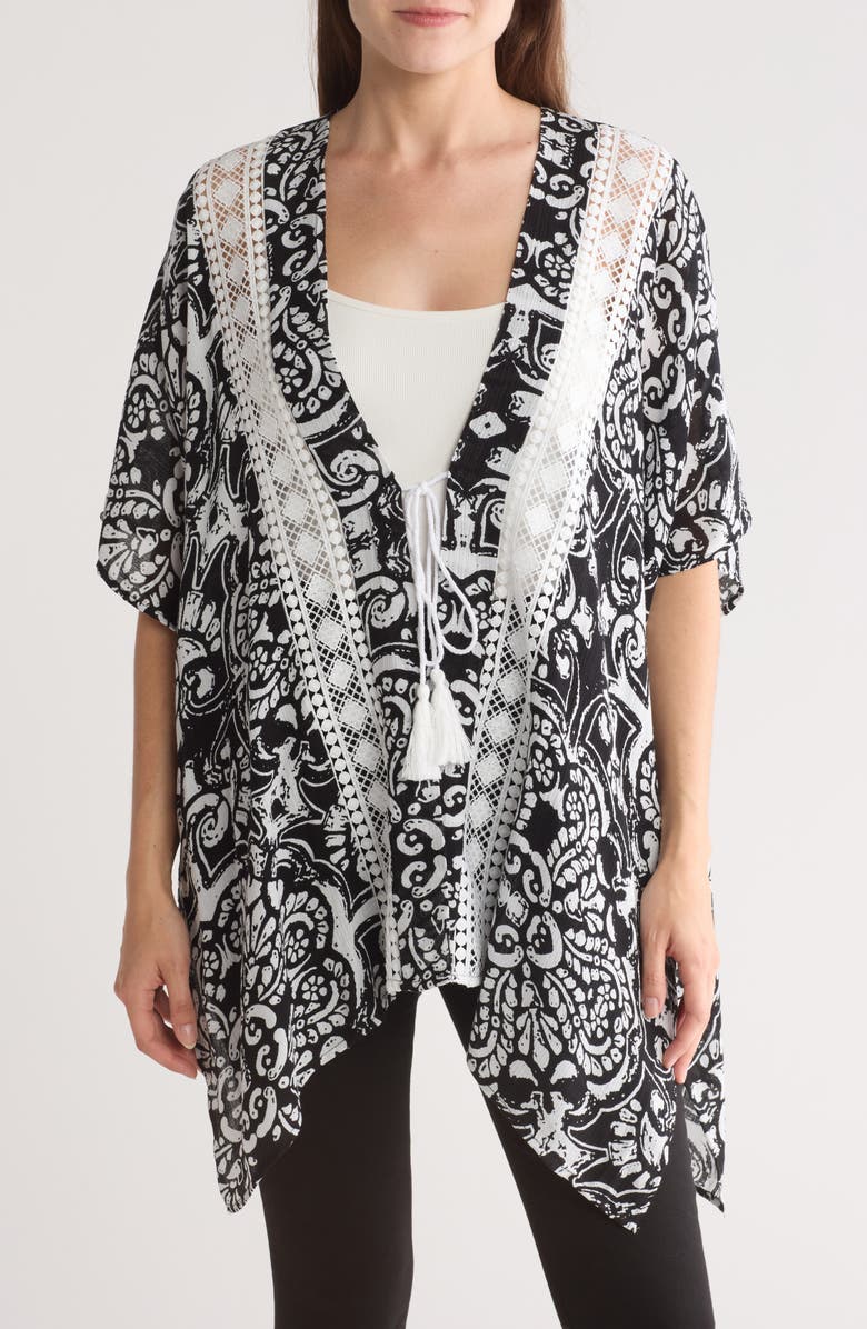 Vince Camuto Mixed Print Crochet Lace Ruana, Main, color, Black