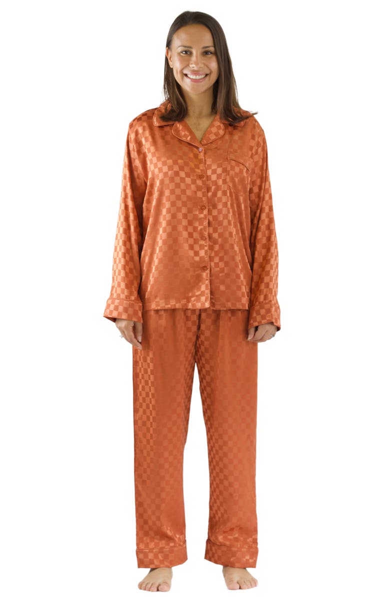 Mia Belle Girls Pumpkin Spice Checkered Silk Pajama, Main, color, Orange