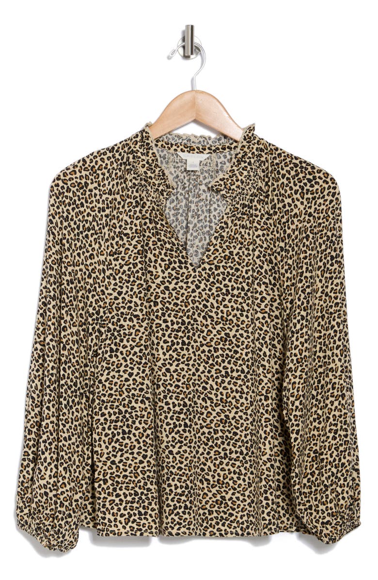 Caslon<sup>®</sup> Long Sleeve Smocked Split Neck Top, Alternate, color, Tan Shore Micro Animal